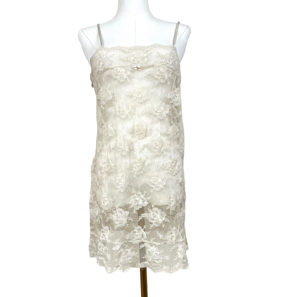 Vintage Y2K 90s Slip Dress Sz S Lace Sheer Fairy Coquette Cream Layering Mini